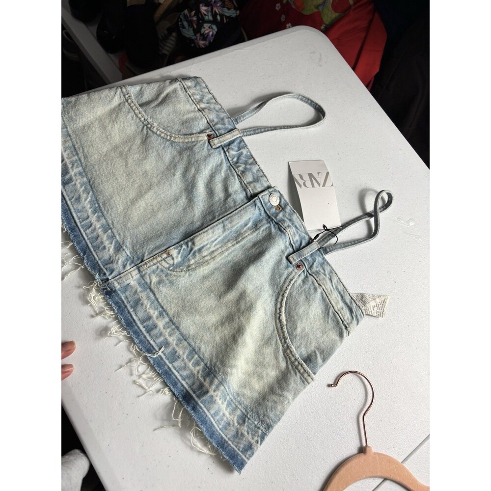 Zara Women's Crop Top Size S  Blue Denim Jean Frayed Cut Off Cropped Tank
